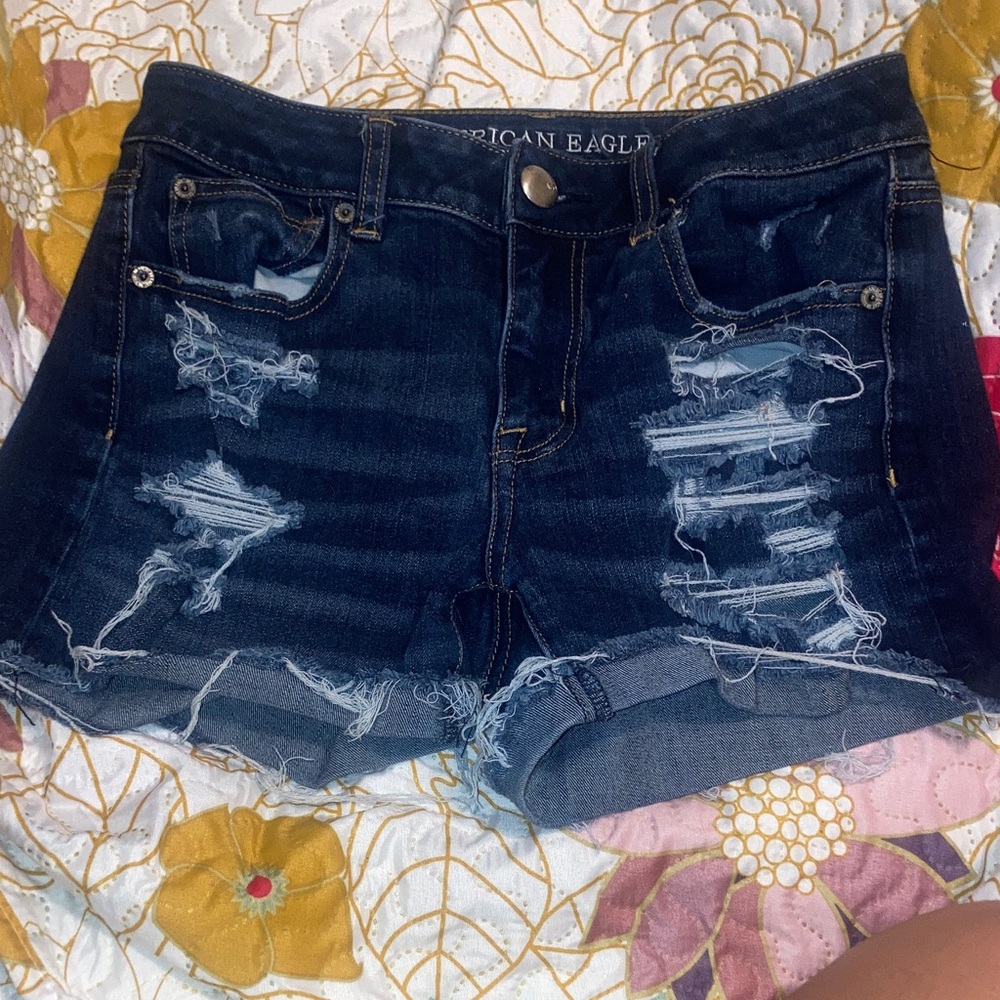 American Eagle Outfitters Women's Ripped Jean Shorts - Dark Blue